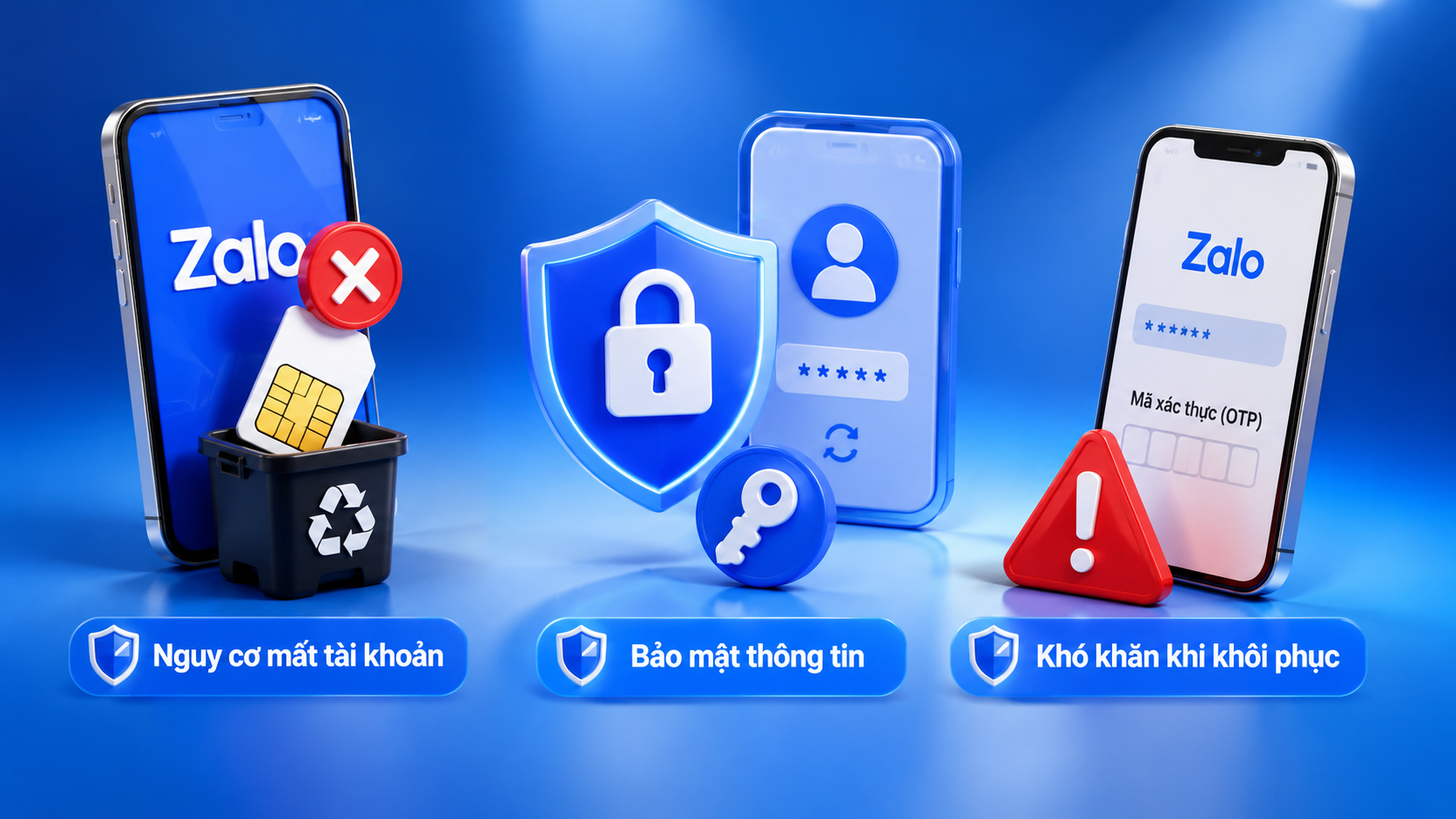 Hình ảnh mô tả các nguy cơ khi sử dụng số điện thoại Zalo cũ như mất tài khoản, lộ thông tin cá nhân và gặp khó khăn khi khôi phục mật khẩu.