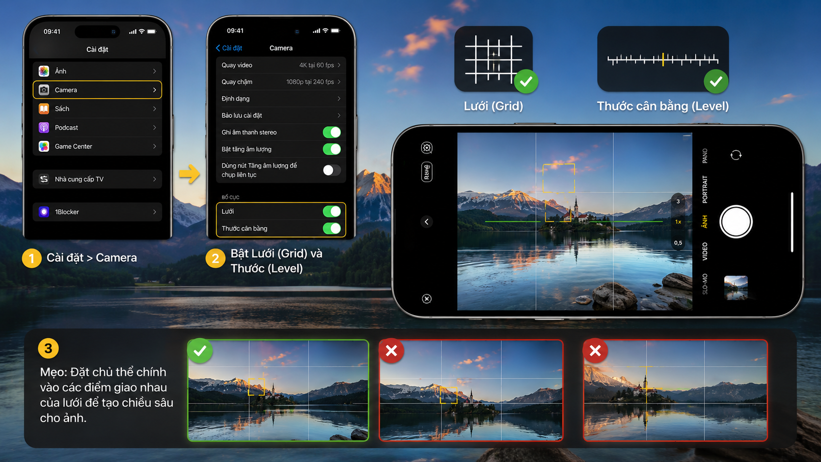 Giao diện cài đặt Lưới (Grid) và Thước cân bằng trong Camera giúp bạn căn chỉnh bố cục ảnh chuẩn xác theo quy tắc 1/3.