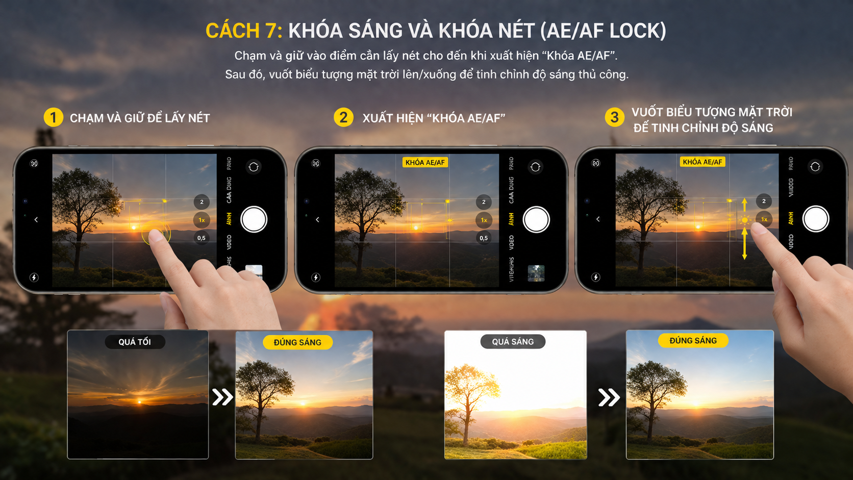 Cách thao tác khóa AE/AF trên màn hình giúp bạn kiểm soát ánh sáng chính xác, tránh hiện tượng cháy sáng ở môi trường phức tạp.