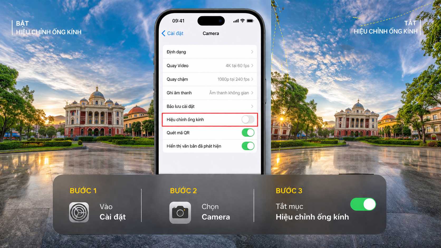 Tùy chọn tắt hiệu chỉnh ống kính trong cài đặt camera giúp giữ lại toàn bộ góc rộng của khung hình khi chụp phong cảnh.